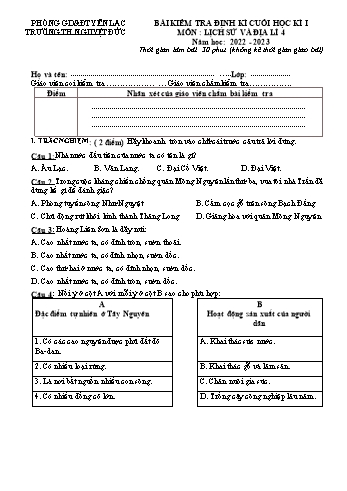 Đề kiểm tra định kì cuối học kì I môn Lịch sử và Địa lí Lớp 4 - Năm học 2022-2023 - Trường Tiểu học Nguyệt Đức