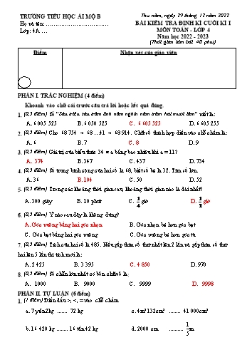 Đề kiểm tra định kì cuối kì I môn Toán Lớp 4 - Năm học 2022-2023 - Trường Tiểu học Ái Mộ B (Có đáp án)