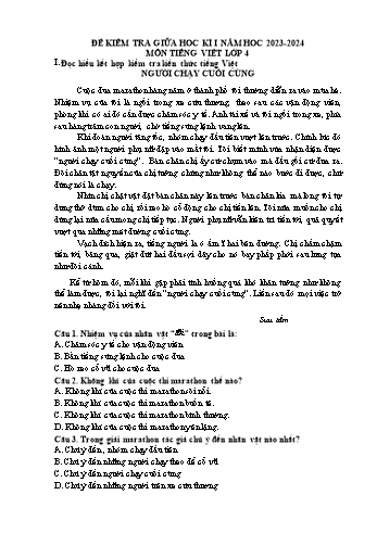 Đề kiểm tra giữa học kì I môn Tiếng Việt Lớp 4 - Năm học 2023-2024 (Có đáp án)