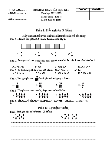 Đề kiểm tra giữa học kì II môn Toán Lớp 4 - Năm học 2022-2023 - Trường Tiểu học Hưng Nhân