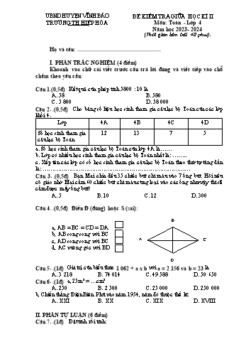 Đề kiểm tra giữa học kì II môn Toán Lớp 4 - Năm học 2023-2024 - Trường Tiểu học Hiệp Hòa