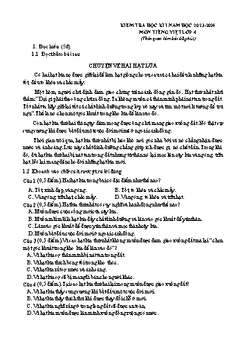 Đề kiểm tra học kì I môn Tiếng Việt Lớp 4 - Năm học 2023-2024 - Đề 2 (Có đáp án)