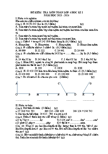 Đề kiểm tra học kì I môn Toán Lớp 4 - Năm học 2023-2024 - Đề 2 (Có đáp án)