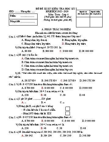 Đề kiểm tra học kỳ I môn Toán Lớp 4 - Năm học 2023-2024 (Có đáp án)