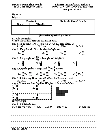 Đề kiểm tra khảo sát tháng 2 môn Toán Lớp 4 - Năm học 2022-2023 - Trường Tiểu học Bá Hiến A (Có đáp án)