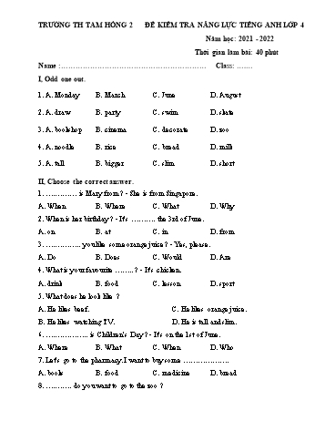 Đề kiểm tra năng lực Tiếng Anh Lớp 4 - Năm học 2021-2022 - Trường Tiểu học Tam Hồng 2