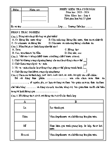 Phiếu kiểm tra cuối năm môn Khoa học Lớp 4 - Năm học 2023-2024 (Có đáp án)