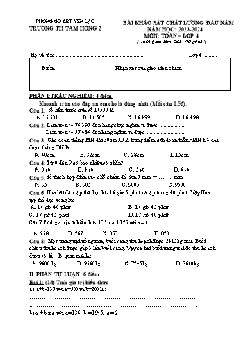Bài khảo sát chất lượng đầu năm môn Toán Lớp 4 - Năm học 2023-2024 - Trường Tiểu học Tam Hồng 2