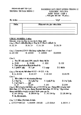 Bài khảo sát chất lượng tháng 12 môn Toán Lớp 4 - Năm học 2023-2024 - Trường Tiểu học Tam Hồng 2 (Có đáp án)