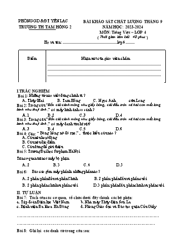 Bài khảo sát chất lượng tháng 9 môn Tiếng Việt Lớp 4 - Năm học 2023-2024 - Trường Tiểu học Tam Hồng 2 - Đề 2