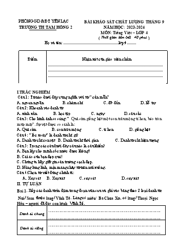Bài khảo sát chất lượng tháng 9 môn Tiếng Việt Lớp 4 - Năm học 2023-2024 - Trường Tiểu học Tam Hồng 2 - Đề 1