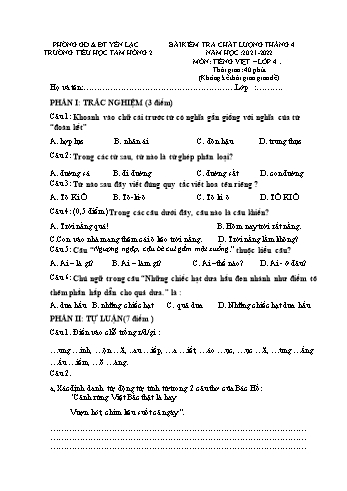 Bài kiểm tra chất lượng tháng 4 môn Tiếng Việt Lớp 4 - Năm học 2021-2022 - Trường Tiểu học Tam Hồng 2