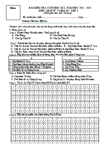 Bài kiểm tra cuối học kì 1 môn Lịch sử và Địa lí Lớp 4 - Năm học 2022-2023 - Trường Tiểu học Mỹ Lộc (Có đáp án)