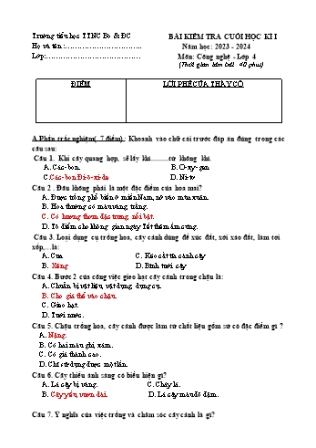 Bài kiểm tra cuối học kì I môn Công nghệ Lớp 4 - Năm học 2023-2024 - Trường Tiểu học TTNC Bò & Đồng Cỏ Ba Vì (Có đáp án)