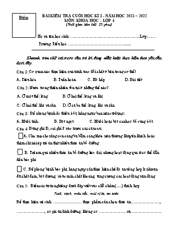 Bài kiểm tra cuối học kì I môn Khoa học Lớp 4 - Năm học 2021-2022 - Trường Tiểu học Mỹ Lộc (Có đáp án)