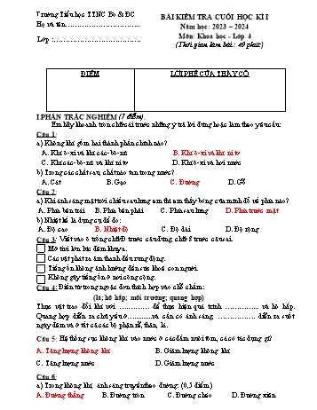 Bài kiểm tra cuối học kì I môn Khoa học Lớp 4 - Năm học 2023-2024 - Trường Tiểu học TTNC Bò & Đồng Cỏ Ba Vì (Có đáp án)