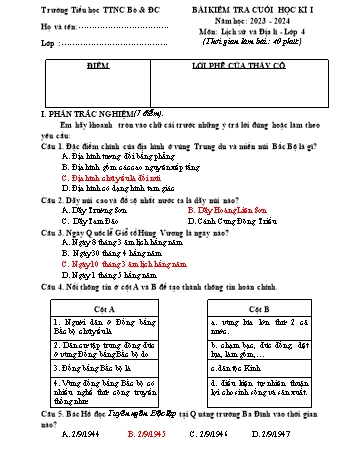 Bài kiểm tra cuối học kì I môn Lịch sử và Địa lí Lớp 4 - Năm học 2023-2024 - Trường Tiểu học TTNC Bò & Đồng Cỏ Ba Vì (Có đáp án)