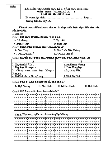 Bài kiểm tra cuối học kì I môn Lịch sử và Địa lý Lớp 4 - Năm học 2021-2022 - Trường Tiểu học Mỹ Lộc (Có đáp án)