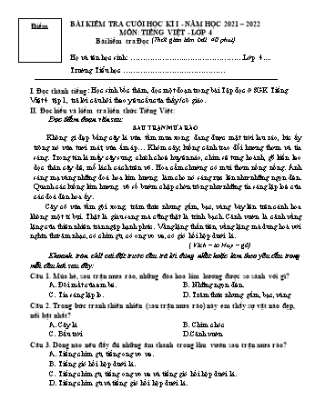 Bài kiểm tra cuối học kì I môn Tiếng Việt Lớp 4 - Năm học 2021-2022 - Trường Tiểu học Mỹ Lộc (Có đáp án)