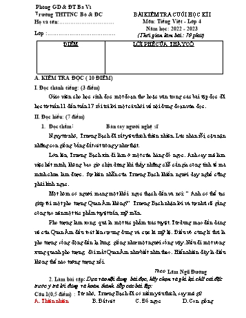 Bài kiểm tra cuối học kì I môn Tiếng Việt Lớp 4 - Năm học 2022-2023 - Trường Tiểu học TTNC Bò & Đồng Cỏ Ba Vì (Có đáp án)