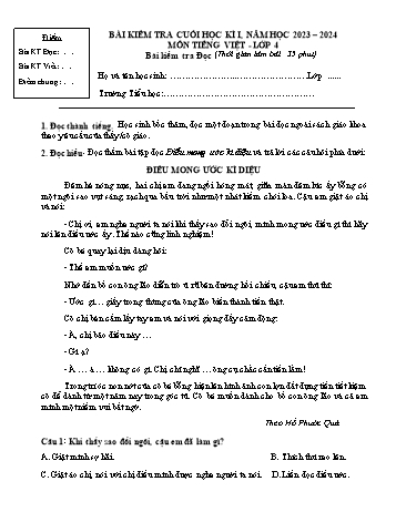 Bài kiểm tra cuối học kì I môn Tiếng Việt Lớp 4 - Năm học 2023-2024 (Có đáp án)