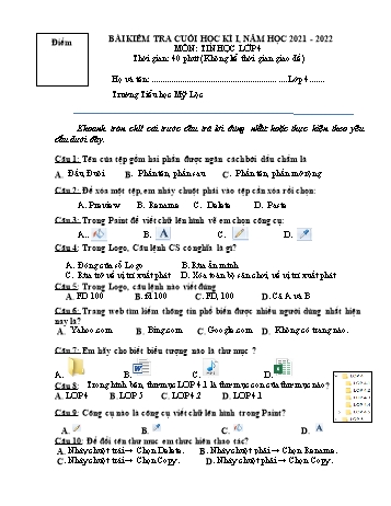 Bài kiểm tra cuối học kì I môn Tin học Lớp 4 - Năm học 2021-2022 - Trường Tiểu học Mỹ Lộc (Có đáp án)