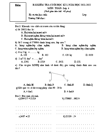 Bài kiểm tra cuối học kì I môn Toán Lớp 4 - Năm học 2021-2022 - Trường Tiểu học Mỹ Lộc (Có đáp án)