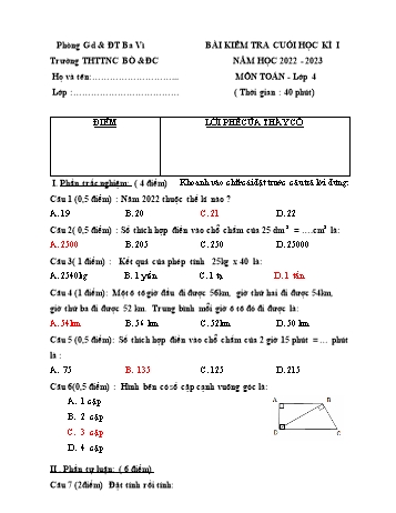 Bài kiểm tra cuối học kì I môn Toán Lớp 4 - Năm học 2022-2023 - Trường Tiểu học TTNC Bò & Đồng Cỏ Ba Vì (Có đáp án)
