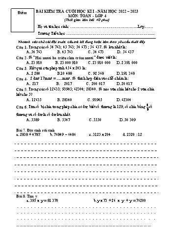 Bài kiểm tra cuối học kì I môn Toán Lớp 4 - Năm học 2022-2023 - Trường Tiểu học Mỹ Lộc (Có đáp án)
