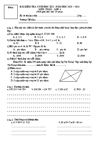 Bài kiểm tra cuối học kì I môn Toán Lớp 4 - Năm học 2023-2024 (Có đáp án)