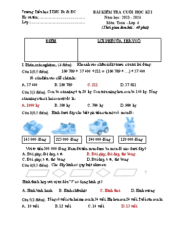 Bài kiểm tra cuối học kì I môn Toán Lớp 4 - Năm học 2023-2024 - Trường Tiểu học TTNC Bò & Đồng Cỏ Ba Vì (Có đáp án)