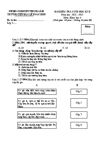 Bài kiểm tra cuối học kì II môn Khoa học Lớp 4 - Năm học 2021-2022 - Trường Tiểu học Lê Ngọc Hân (Có đáp án)