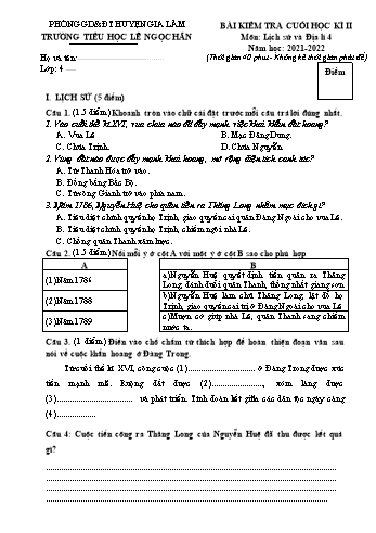 Bài kiểm tra cuối học kì II môn Lịch sử và Địa lí Lớp 4 - Năm học 2021-2022 - Trường Tiểu học Lê Ngọc Hân (Có đáp án)