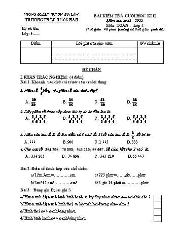 Bài kiểm tra cuối học kì II môn Toán Lớp 4 - Năm học 2021-2022 - Trường Tiểu học Lê Ngọc Hân (Có đáp án)
