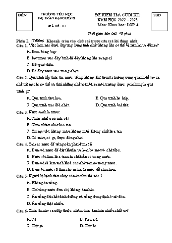 Bài kiểm tra cuối kì 1 môn Khoa học Lớp 4 - Năm học 2022-2023 - Trường Tiểu học Thị trấn Rạng Đông - Mã đề 3