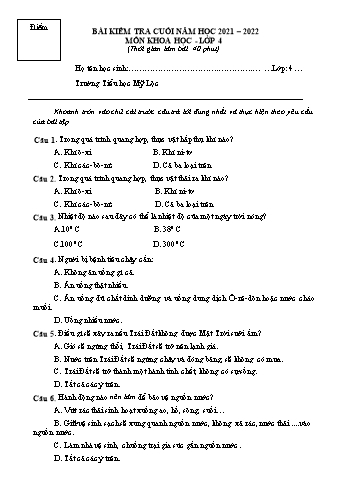 Bài kiểm tra cuối năm môn Khoa học Lớp 4 - Năm học 2021-2022 - Trường Tiểu học Mỹ Lộc (Có đáp án)