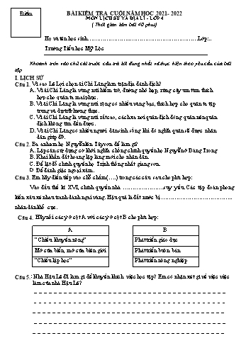 Bài kiểm tra cuối năm môn Lịch sử và Địa lí Lớp 4 - Năm học 2021-2022 - Trường Tiểu học Mỹ Lộc (Có đáp án)
