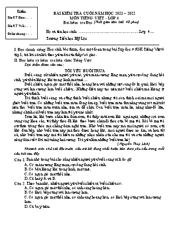 Bài kiểm tra cuối năm môn Tiếng Việt Lớp 4 - Năm học 2021-2022 - Trường Tiểu học Mỹ Lộc (Có đáp án)