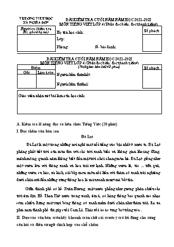 Bài kiểm tra cuối năm môn Tiếng Việt Lớp 4 - Năm học 2021-2022 - Trường Tiểu học Nghĩa Sơn (Có đáp án)