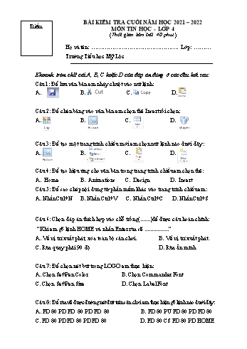 Bài kiểm tra cuối năm môn Tin học Lớp 4 - Năm học 2021-2022 - Trường Tiểu học Mỹ Lộc