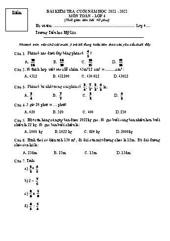 Bài kiểm tra cuối năm môn Toán Lớp 4 - Năm học 2021-2022 - Trường Tiểu học Mỹ Lộc (Có đáp án)