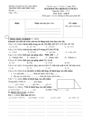 Bài kiểm tra định kì cuối học kì I môn Toán Lớp 4 - Năm học 2022-2023 - Trường Tiểu học Phúc Lợi