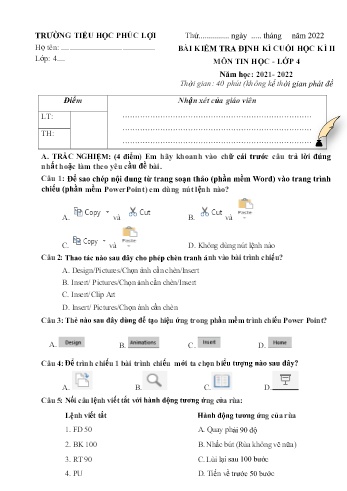 Bài kiểm tra định kì cuối học kì II môn Tin học Lớp 4 - Năm học 2021-2022 - Trường Tiểu học Phúc Lợi