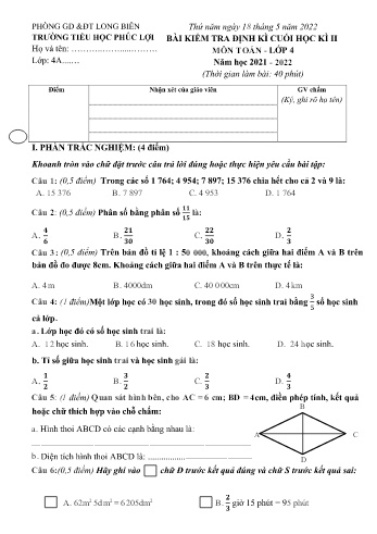 Bài kiểm tra định kì cuối học kì II môn Toán Lớp 4 - Năm học 2021-2022 - Trường Tiểu học Phúc Lợi