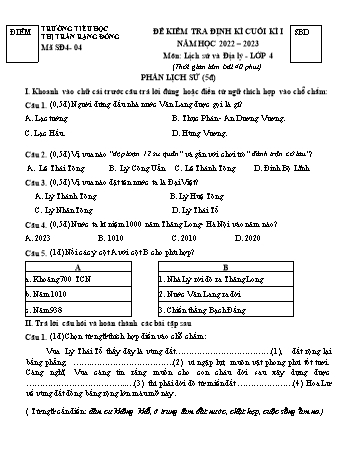 Bài kiểm tra định kì cuối kì I môn Lịch sử và Địa lý Lớp 4 - Năm học 2022-2023 - Trường Tiểu học Thị trấn Rạng Đông - Đề 4