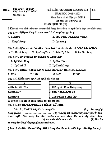Bài kiểm tra định kì cuối kì I môn Lịch sử và Địa lý Lớp 4 - Năm học 2022-2023 - Trường Tiểu học Thị trấn Rạng Đông - Đề 3