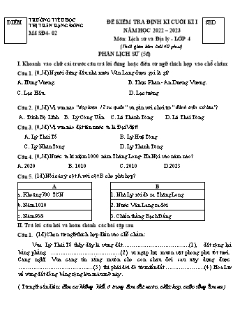 Bài kiểm tra định kì cuối kì I môn Lịch sử và Địa lý Lớp 4 - Năm học 2022-2023 - Trường Tiểu học Thị trấn Rạng Đông - Đề 2