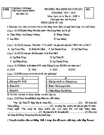 Bài kiểm tra định kì cuối kì I môn Lịch sử và Địa lý Lớp 4 - Năm học 2022-2023 - Trường Tiểu học Thị trấn Rạng Đông - Đề 1
