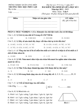 Bài kiểm tra định kì giữa học kì I môn Toán Lớp 4 - Năm học 2022-2023 - Trường Tiểu học Phúc Lợi