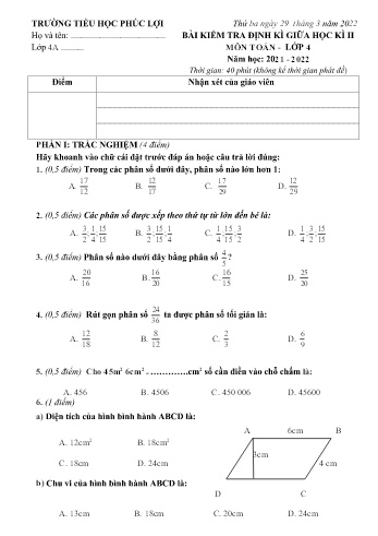 Bài kiểm tra định kì giữa học kì II môn Toán Lớp 4 - Năm học 2021-2022 - Trường Tiểu học Phúc Lợi